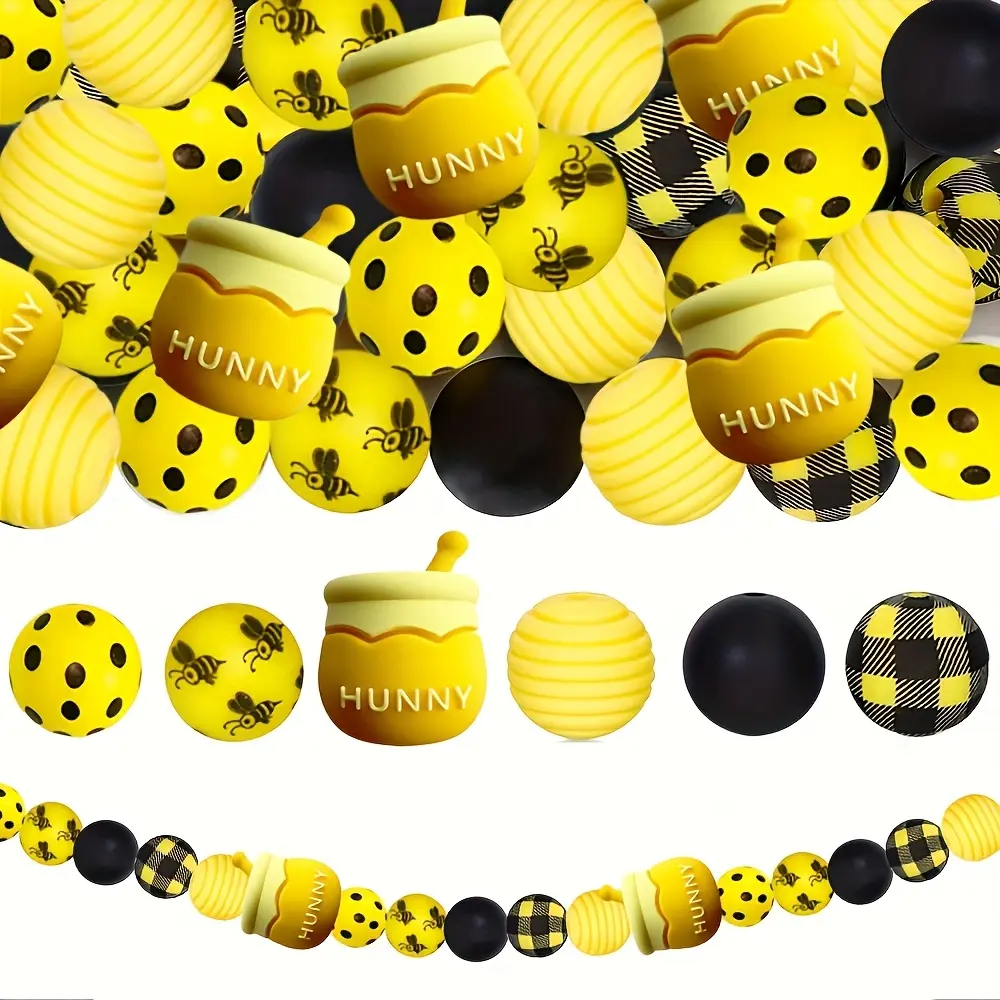 A set of 56 bee-themed silicone jewelry pieces, including a 3D honey jar pendant, black and yellow checkered pattern jewelry, bee-printed isolating jewelry suitable for DIY handicrafts, necklaces, bracelets, jewelry, keychains, and Christmas gifts.