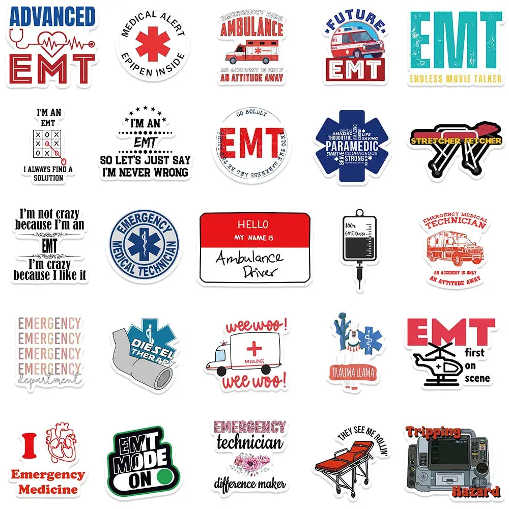 50 PCS Ambulance EMT Stickers Emergency Medical Rescue Theme Sticker Set