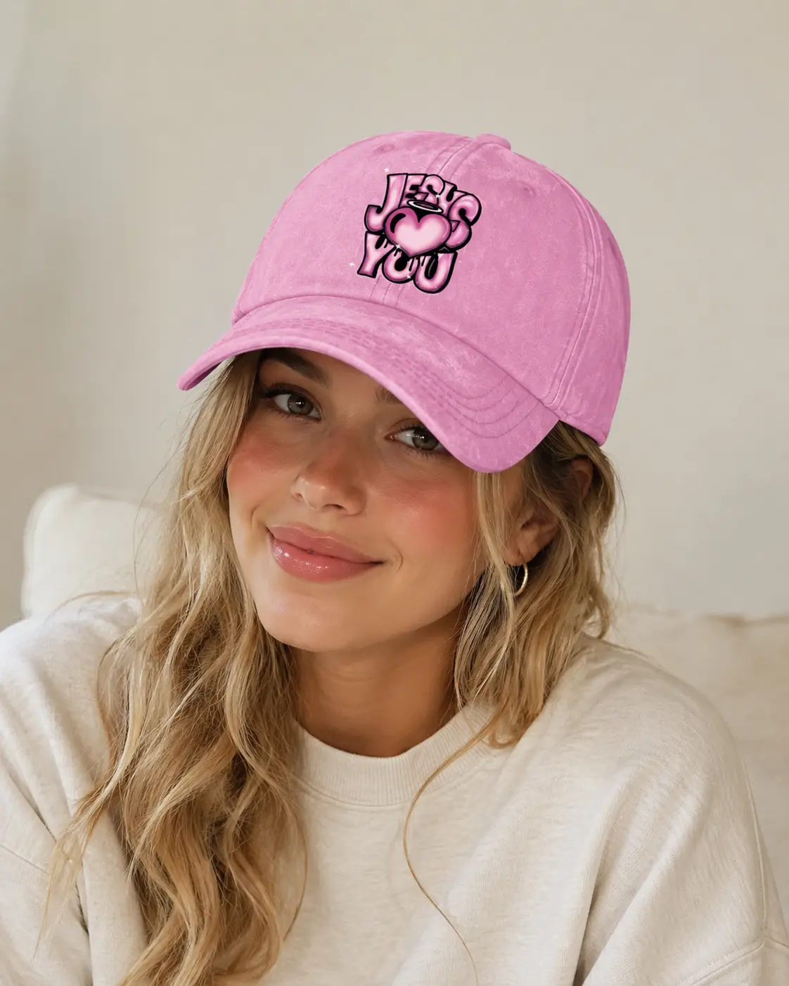 Jesus Loves You Embroidered Baseball Cap, Washed Cotton Pink Dad Hat, Christian Gifts for Women Girls, Retro Y2K Aesthetic Trucker Hat, Cute Distressed Adjustable Summer Sun Hat, Streetwear Fashion Snapback Cap, Heart Graphic Bonnet