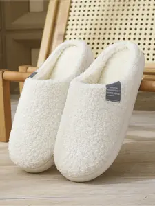 Four Seasons Soft Teddy Fleece Slippers, Simple Label Design, Lightweight Comfort, Non-Slip Rubber Flat Sole, Bedroom/living Room Home Shoes
