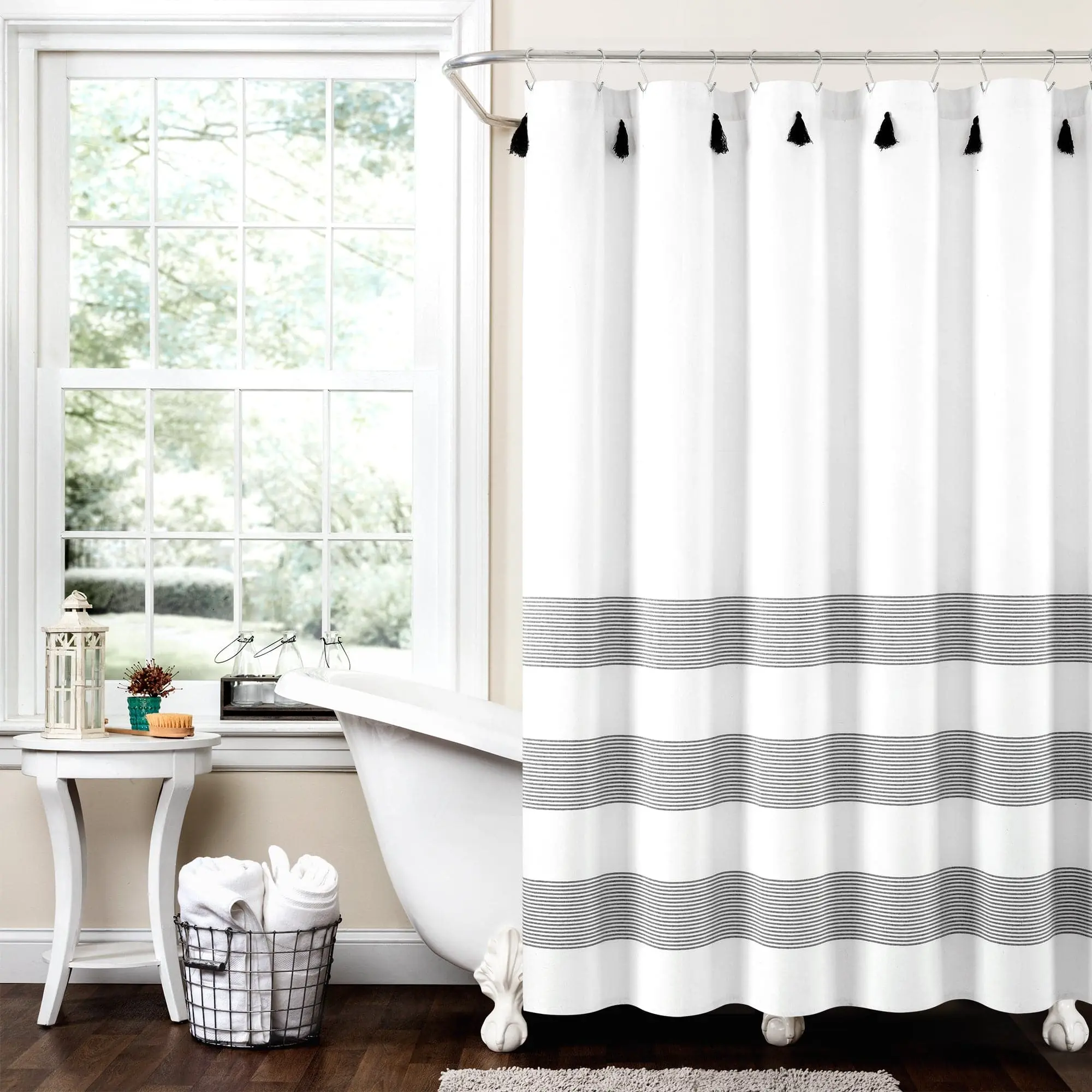 Lush Decor Boho Tassel Stripe Yarn Dyed Recycled Cotton Blend Shower Curtain 72"W x 72"L Eco-Friendly GRS Certified Soft Touch Showercurtain