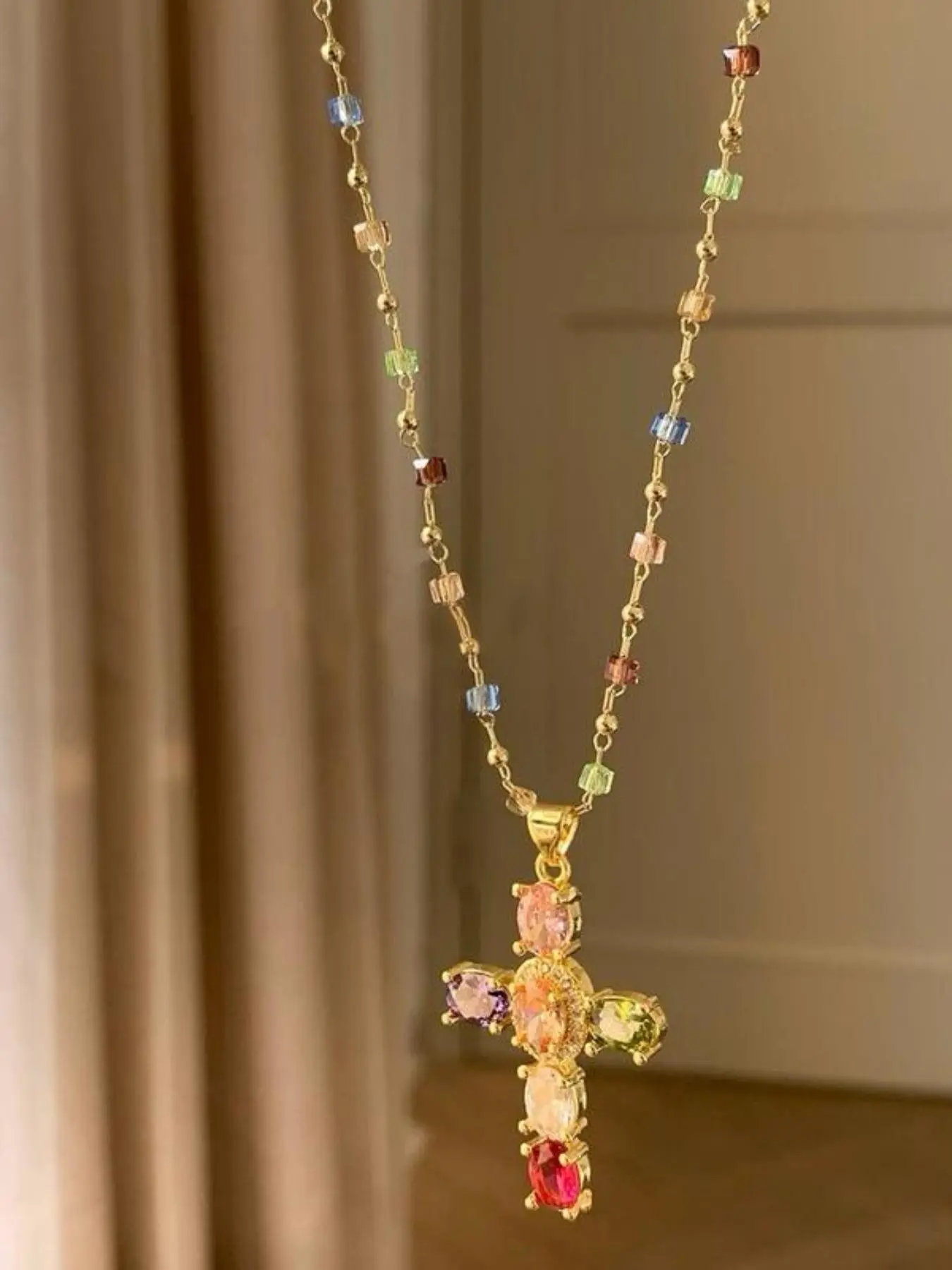 Rainbow Cross Pendant Necklace, Multi-Color Faith Cross Necklace, Vintage Glam & Y2K Style, Perfect for Women Girls, Daily Wear, Church, Festivals, Religious Jewelry, Jewel Necklace