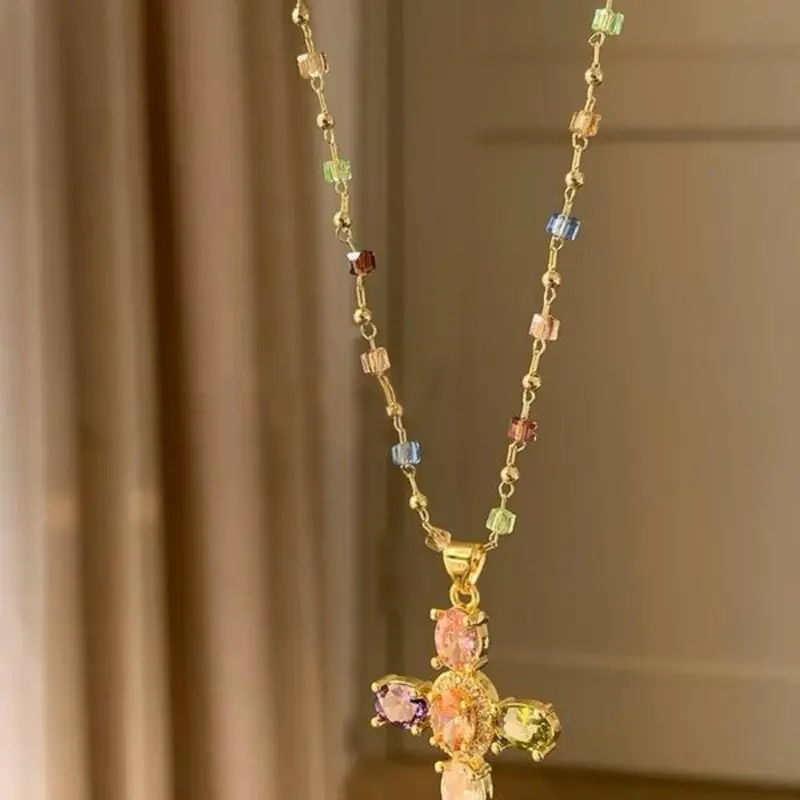 Rainbow Cross Pendant Necklace, Multi-Color Faith Cross Necklace, Vintage Glam & Y2K Style, Perfect for Women Girls, Daily Wear, Church, Festivals, Cross Design Necklace, Jewel Necklace