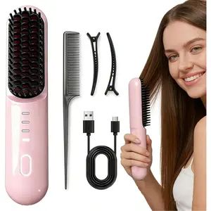 Battery Powered 2-in-1 Cordless Ionic Straightening Brush & Automatic Dual-Temp Curler - 2026 Advanced Model, 4000mAh Rechargeable, 30s Rapid Heating, 4 Temp Settings (140-200°C), for Thick Curly Hair, Pink