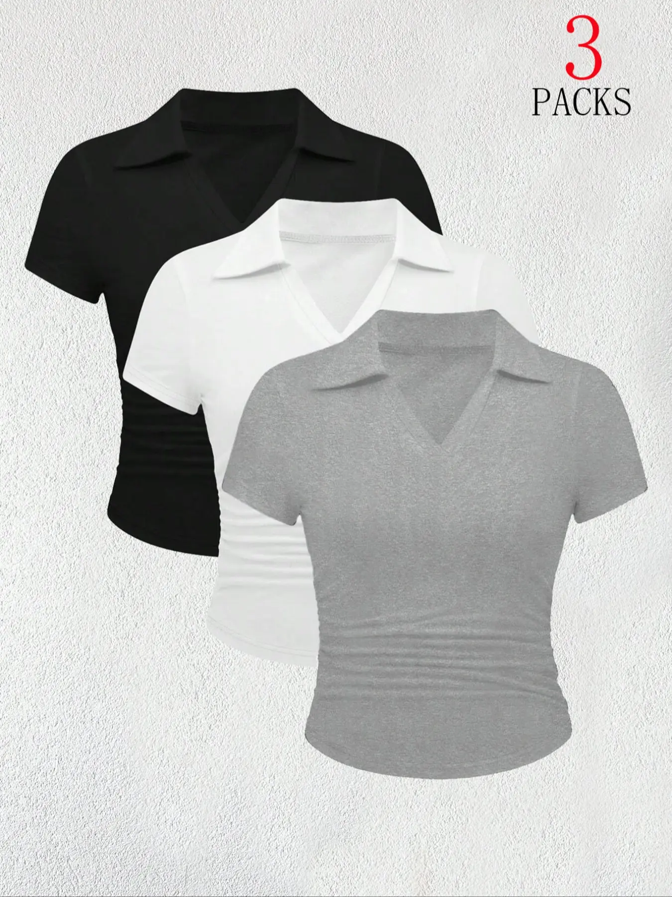 Summer Casual Style Solid Color Polo Collar Tops (3pcs), Fitted Waist Cinched & Ruched Design for Women, Everyday Wear