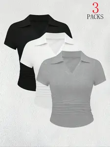 Set of 3 Summer Casual Solid Color Polo Collar T-Shirts, Fitted Style with Side Pleats & Cinched Waist Design for Men Women