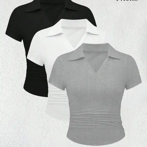 Summer Casual Style Solid Color Classic Polo Collar Tops Shirts (3pcs), Fitted Waist Cinched & Ruched Design for Women, Everyday Wear