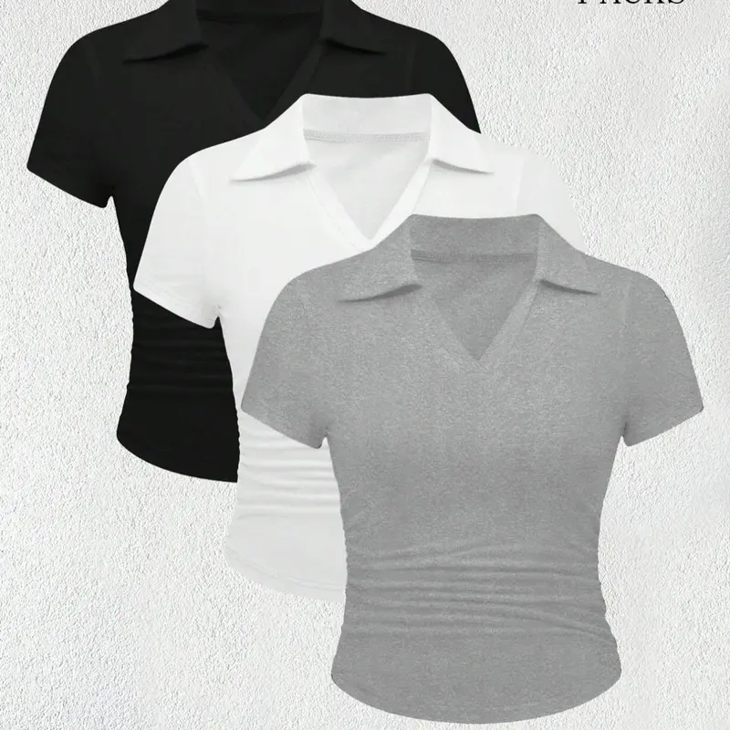 Summer Casual Style Solid Color Classic Polo Collar Tops Shirts (3pcs), Fitted Waist Cinched & Ruched Design for Women, Everyday Wear