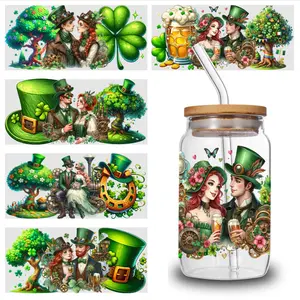5 Sheets Leprechaun Couple UV DTF Stickers Themed UV DTF Transfer Paper - Waterproof & Scratch Resistant, 3D Crystal Clear Decals for Glass Cups, Mugs, Laptops, Refrigerators