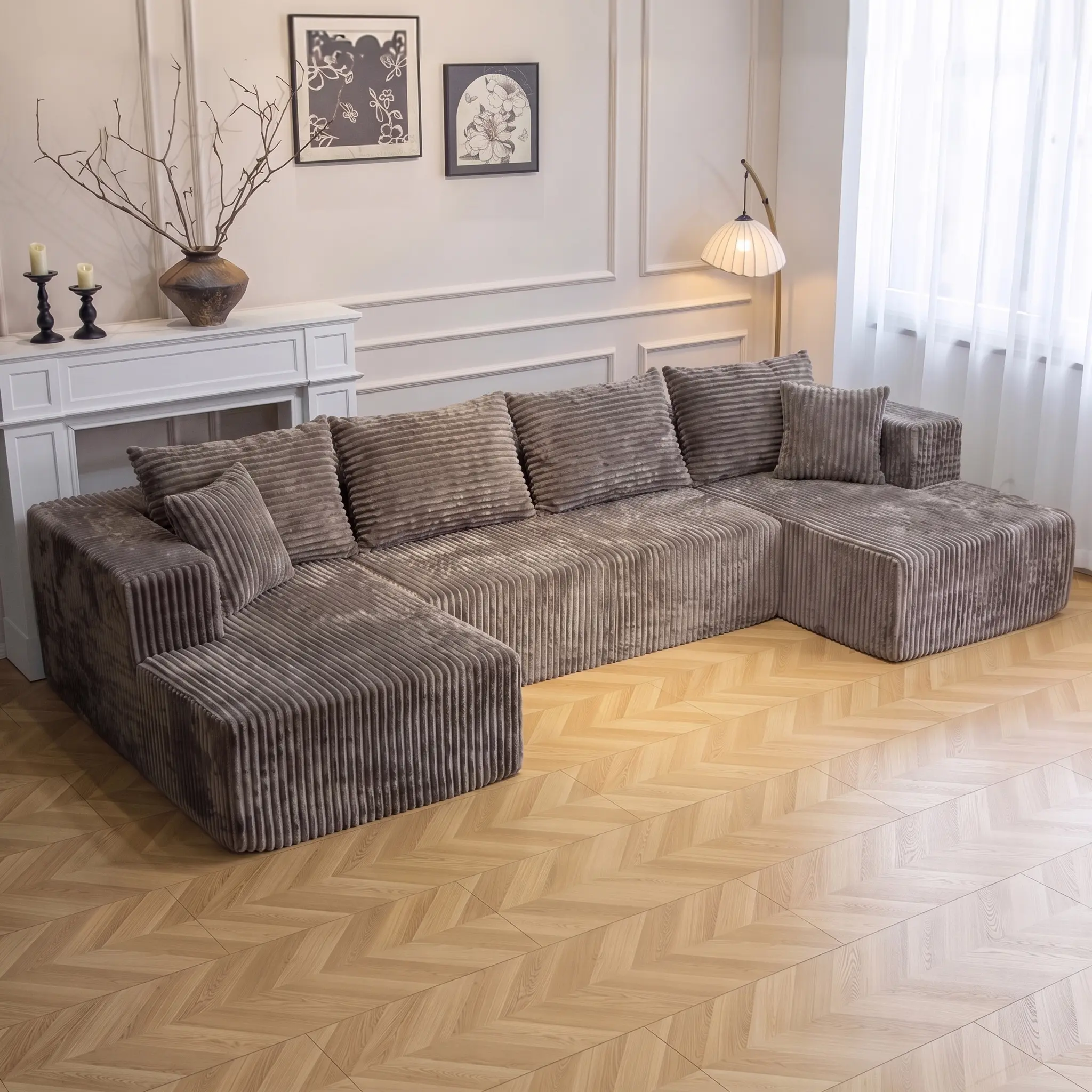【2-3 Packages Shipping】132''U-Shape Modular Sectional Couch Sofa Boneless Compressed Corduroy Modern Sleeper Space-Efficient Convertible Design 3 Packages Shipping
