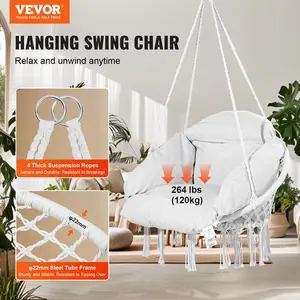 VEVOR Hanging Hammock Swing Chair,  Macrame Hanging Chair with Cushion and Mounting Hardware, Cotton Rope Swing Chair for Bedroom, Balcony, Patio, Garden, 264 lbs Capacity, White