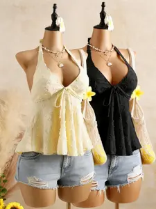 American Retro Halter Top Set, Tie Waist Ruffle Edge Short Sleeve Blouse, Two Pieces, Sexy Style, Perfect for Summer