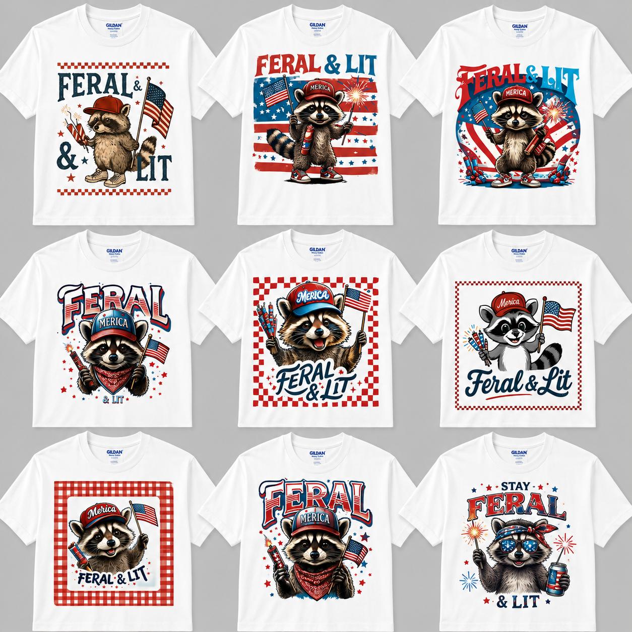 Feral & Lit Raccoon Shirt 9 Collection, Funny 4th Of July Tee, Patriotic USA T-Shirt, Independence Day Graphic Tees, Funny RaccoonShirt, Womenswear Cotton