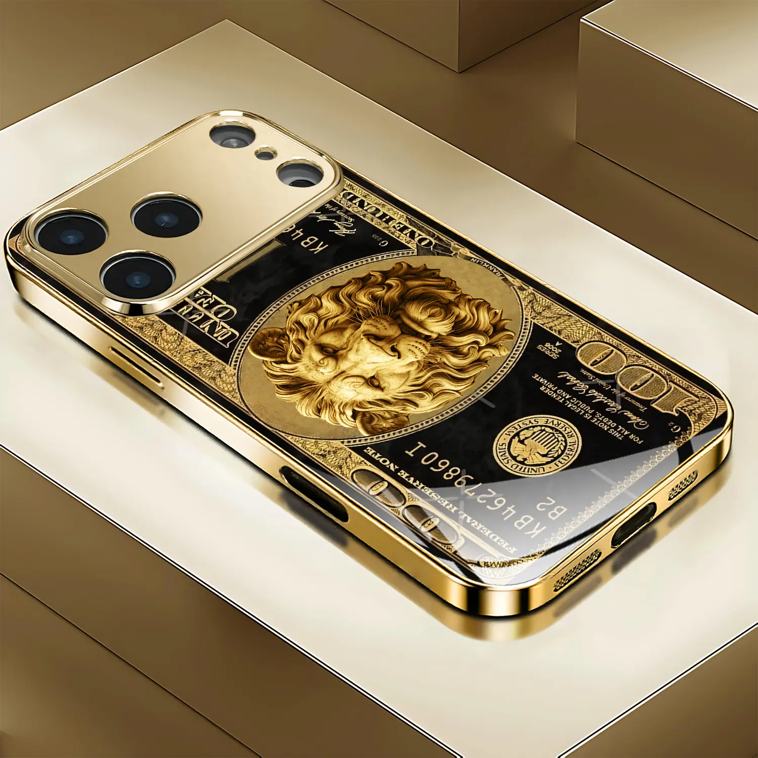 Creative gold lion dollar pattern design electroplated glass phone case,for iPhone 17 Pro Max Phone Case 17 Air 16E 16 Pro Max 15 Pro Max 15 Plus 14 Plus 13 12 11 Phone Cases,Samsung Galaxy S25 Ultra S22 S23 FE S24 Plus A14 A15 A16 A35 A36 A54 A56 Note 20