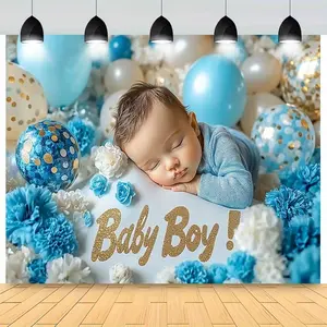 1pc Blue & Golden Youngsters Shower Banner - "Youngsters Boy" Gender Reveal Decoration with Balloons, Flowers, and Confetti, Polyester, No Power Needed, Perfect for Indoor & Outdoor Youngsters Parties, Youngsters Shower Decorations Ornaments White