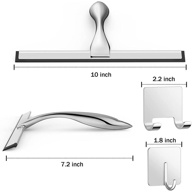 10-Inch Stainless Steel Shower Squeegee with Silicone Blade, All-Purpose Bathroom Cleaner Tool for Shower Glass Door, Tile Wall, Mirror, Car, Includes 2 Adhesive Hooks Docrok