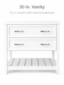 31” White Shaker Vanity w/ Sink Top – False Front + 1 Drawer – Open Shelf – Flat-Pack (30 x 32 x 21 Base + 1” Top)