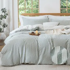 Stripe Duvet Cover - 100% Washed Cotton Sage Green Textured Comforter Cover 3pcs with Zipper Closure 90"x90"