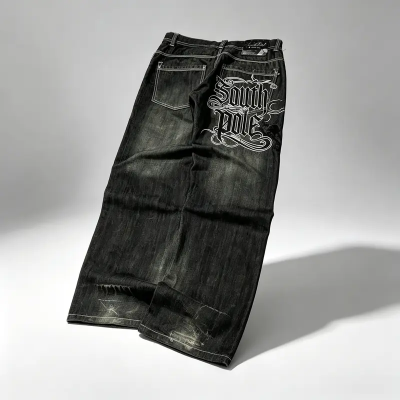 Women's Denim Embroidered Jeans Bottoms, Euro-American Hip-Hop Street Denim Style, Loose Cut Letter Print Wide-Leg Vintage Pants with Pockets