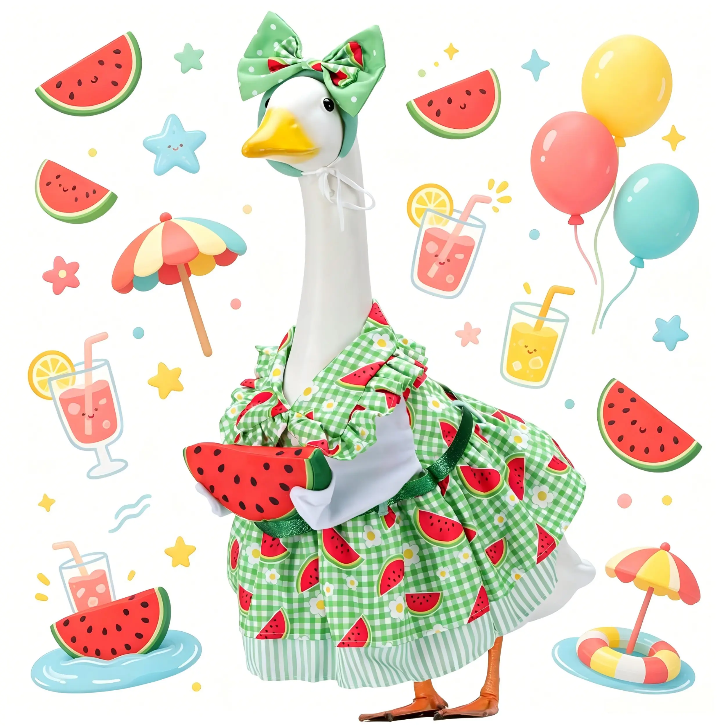 23-Inch Polyester Lawn Goose Statue Outfit - Cute Watermelon-Themed Clothes with Headband, Colorful Decor, Outdoor Decorations Accessories for Spring Summer Patio DIY Party (Goose/Duck Sculpture Not Included), Party Accessory