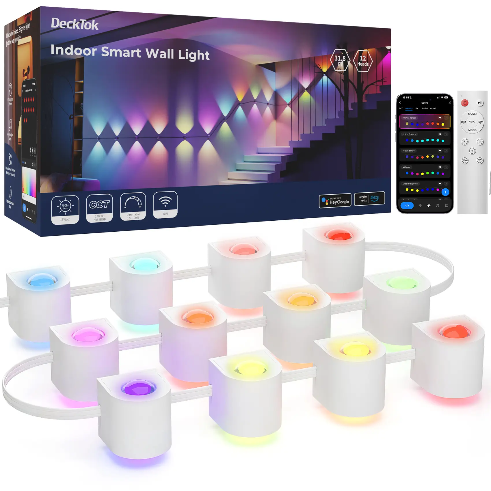 RGB LED Wall Sconces - Smart WiFi Double-Headed Indoor Wall Light, Color Changing Colorful Party Light, Music Sync DIY Fixture Works with Alexa/Google Assistant for Bedroom, Party Lighting Decoration, Led Lights