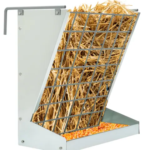 HECASA 2-in-1 Heavy-Duty Galvanized Steel Hay & Grain Feeder with 4x4 Hay Net - Tool-Free Hook-Over Wall Mount, Large Capacity Grain Rack Base, Easy Installation, All Seasons Use for Goat/Sheep/Horse Farm Feeding, Keeps Feed Off Muddy Ground