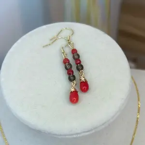 Solid 925 Sterling Silver Plated with 14k Gold Red Coral and Smokey Quartz Hook Dangle Earrings