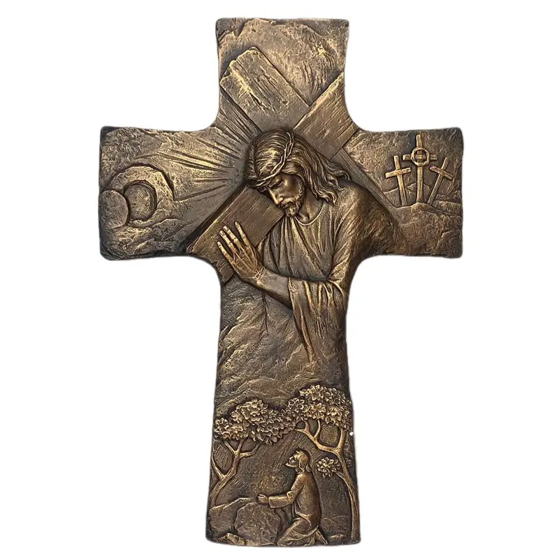 Cruz de La Pasión de Jesús 17” - Detailed Bronze Wall Cross with Jesus Carrying Cross and Religious Symbols