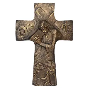 Cruz de La Pasión de Jesús 17” - Detailed Bronze Wall Cross with Jesus Carrying Cross and Religious Symbols