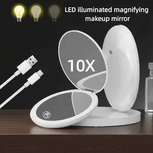 Foldable LED Makeup Mirror with Type-C Charging Cable, Dual-Sided Tri-Color Light, Portable Travel Cosmetic Mirror for Daily Use