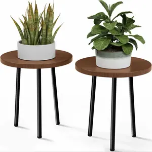Indoor Plant Stand 14'', 2 Pack Metal Plant Table, Wood Plant Stool, Small Round Side End Table, Mid Century Modern Decor, Outdoor & Indoor Plant Holder, Home Decor