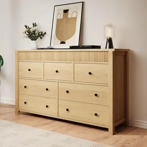 7-Drawer Dresser for Bedroom, Wooden Chest of Drawers, Fluted TV Stand, Storage Organizer for Living Room, Hallway and Entryway, Natural Oak