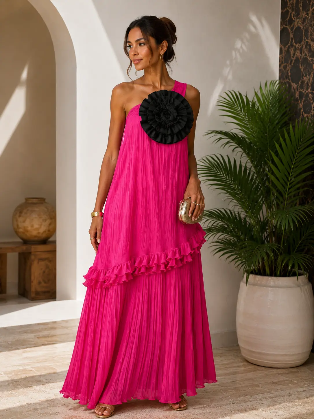 SELIA Women’s 1-Shoulder Sleeveless Ruffle Maxi Dress - Lightweight Formal Wear, Feminine Elegant Dresses for Women, Summer Evening & Party Attire
