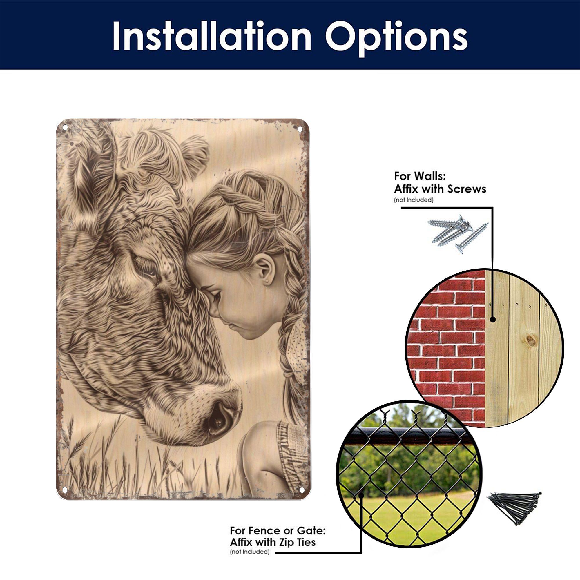 Girl And Highland Cow Aluminum Metal Sign Posters - 8x12 Inch Retro Vintage Wall Decor for Farmhouse, Nursery, Kids Room - Cute Farm Animal Gift