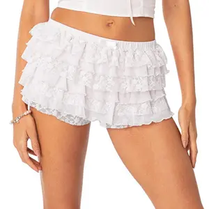 Women's Lolita lace ruffle layered lace shorts Y2k lace border elastic waist bow layered fairy sweet and cute underwear street wearRAIMENTRY