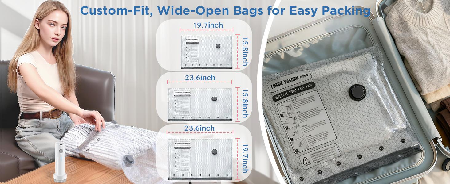 【2026 Upgraded】 X7 Cordless Travel Vacuum Storage Compression Bag Set with Rechargeable air Pump 15 Pack Waterproof & Reusable Compression Packing Bags for 3 Size，140L/Min Powerful Air Removal， strong suction, Perfect for Carry-On Suitcases,Packing tools