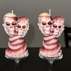 Devotion Skull Candles with Rose Detail and Snake Base for Gothic Decor
