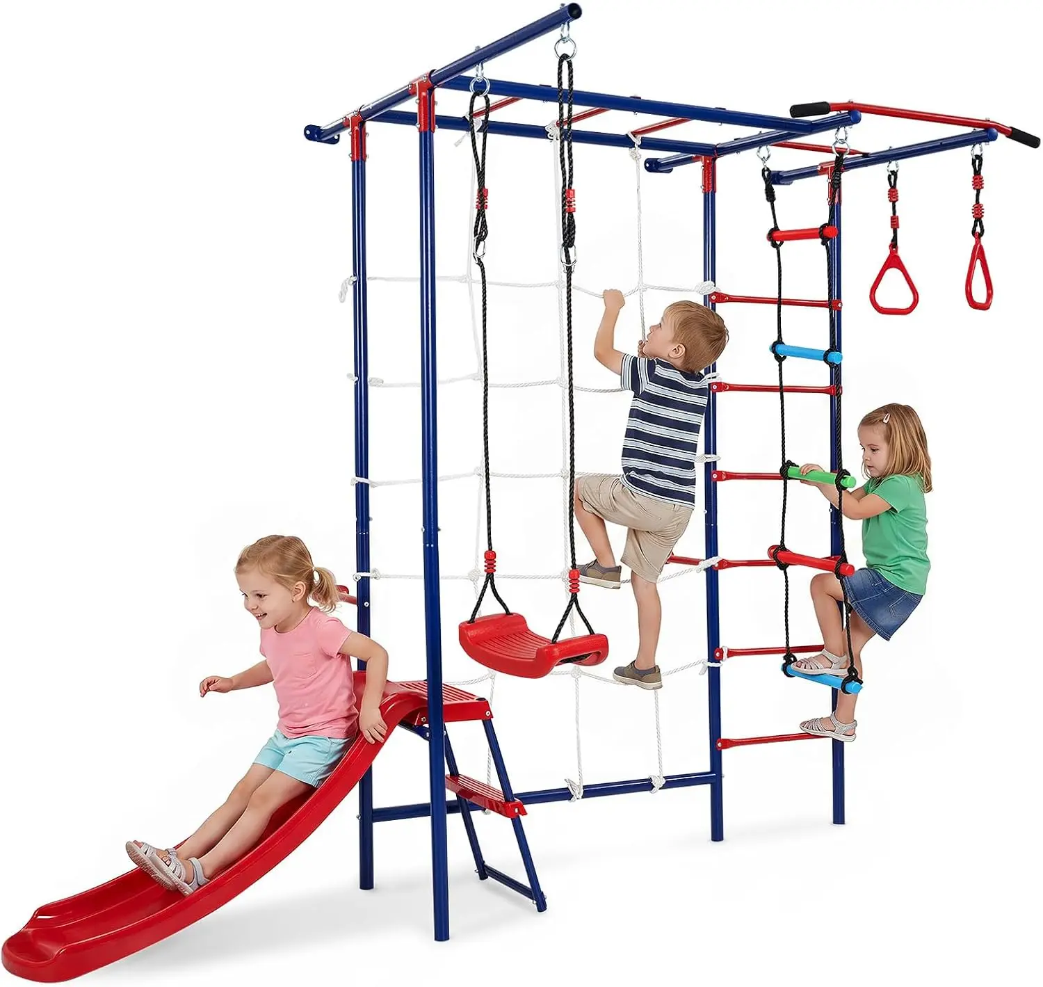 Costzon 8 in 1 Swedish Ladder, Kids Indoor Outdoor Jungle Gym Playground with Monkey Bars, Swing Slide, Climbing Net, Ladders, Pull-Up Rings for Toddlers Adults