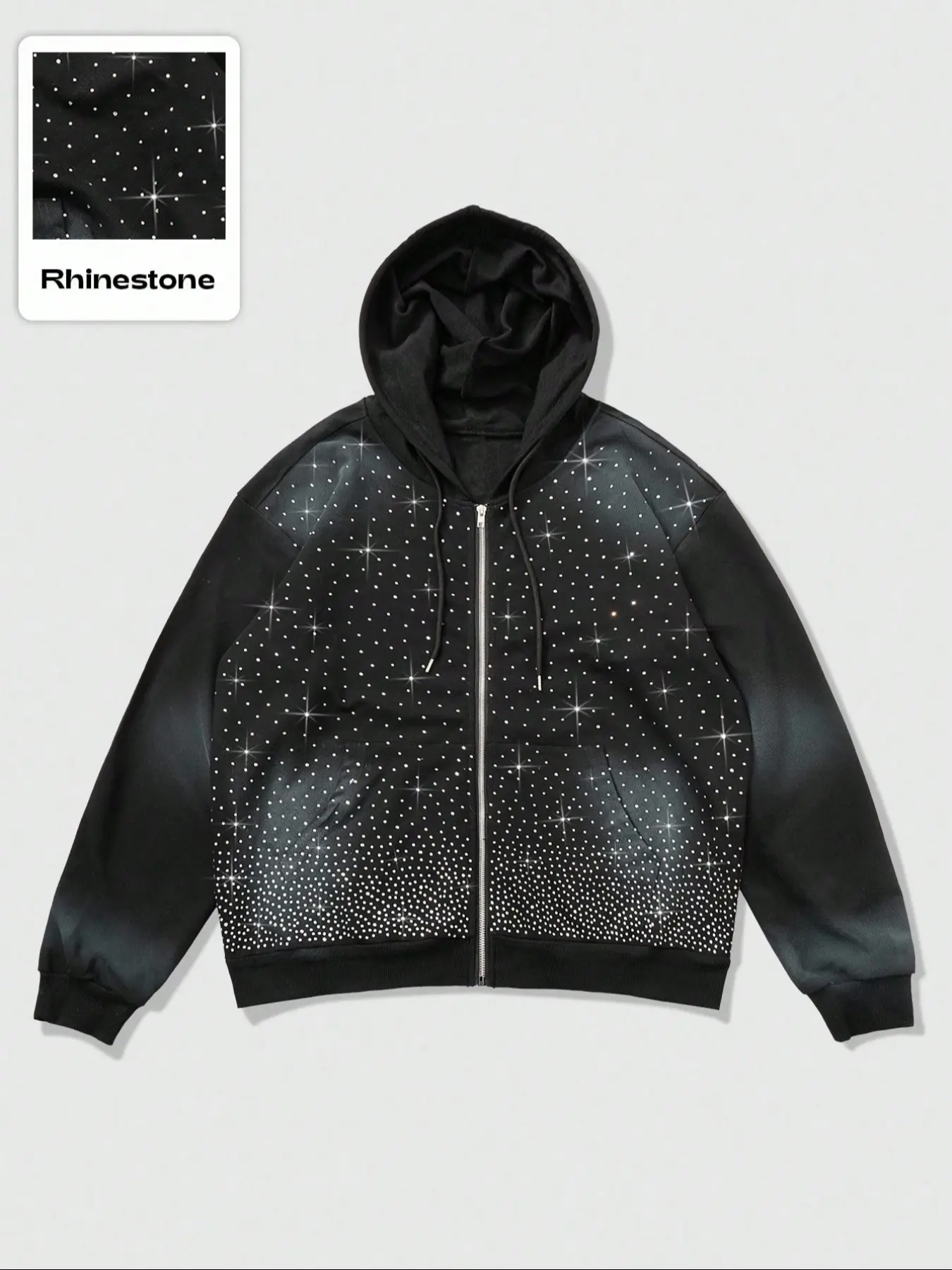 Gradient Galaxy Rhinestone Zipper Hoodie, Comfortable Cotton Fabric, Loose Fit, Street Style, Perfect for Parties and Festivals