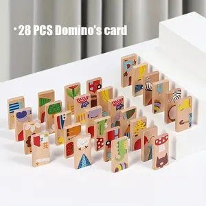28pcs Large Wood Dominoes Set - Wood Grain Domino Game with Animal & Numbered Tiles (0-27), Multicolor Educational Puzzle for & s, Sturdy Building for Math Learning & Party Games