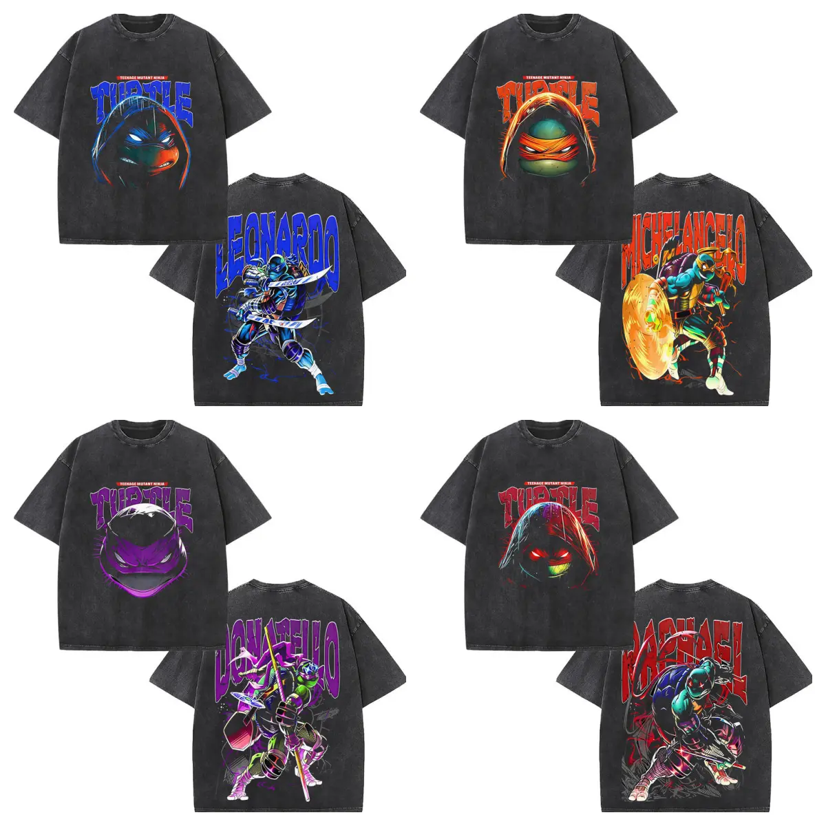 Retro Teenage Mutant Ninja Turtles (TMNT) "4 Brothers Set" Double-Sided Vintage Washed T-Shirt, Leonardo Raphael Donatello Michelangelo Graphic Tee, Unisex Oversized Heavyweight Cotton Streetwear Top, Ideal Gift for TMNT Fans & Retro Cartoon Lovers