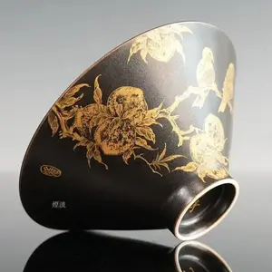 Gilded Bird-and-Peach Tenmoku Bowl