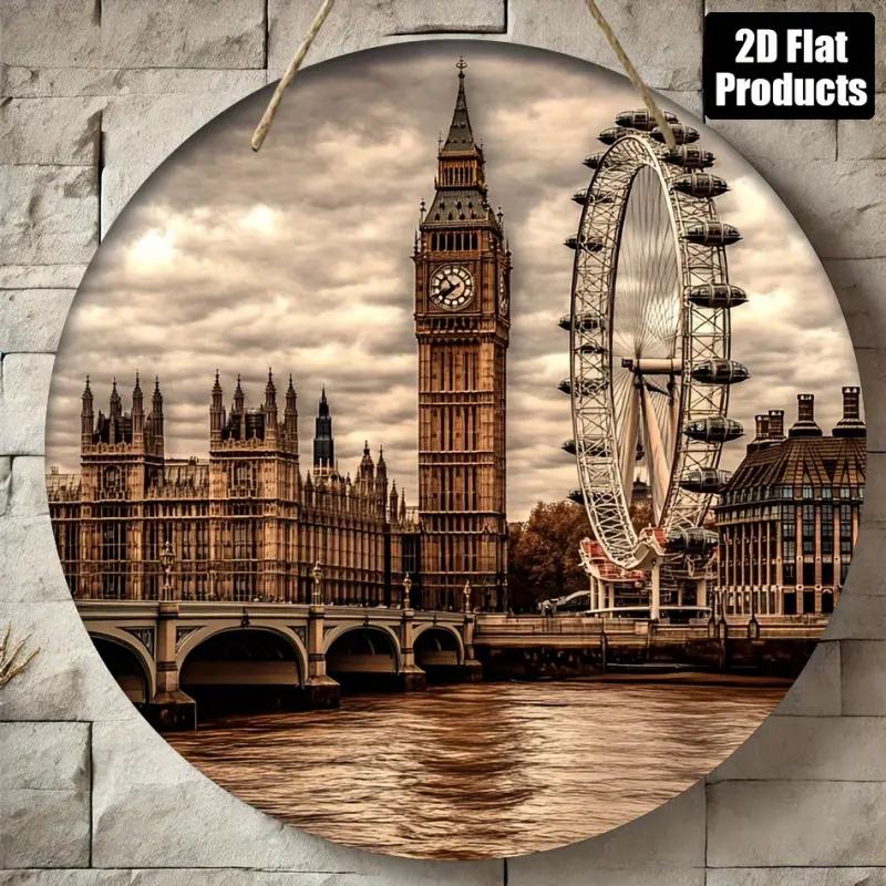 1PC London Theme Round Wooden Wall Art - Suitable for Bars, Kitchens, Cafes, Homes, Office Decorations - Includes Big Ben and London Eye, Perfect for Parties and Holiday Gifts, Office Decorations| London Skyline Art| Durable Wooden Picture Frame, London W