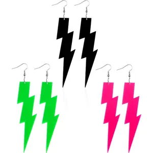 3 Pair 80s 90s Neon Earrings Lightning Earrings for Women Fluorescent Jewelry Accessories Acrylic Drop for Glow Women 80s Theme Halloween Outfit, 4.13 Inches(Pink, Green, Black,Classic)