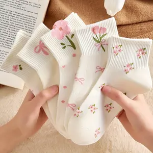 [Kid's Floral Socks] 5Pairs kid's Floral & Print Ankle Socks - White & Pink Ribbed Elastic Cuff Breathable Casual Socks, Machine Washable Casual Attire, Novelty Socks, Comfortable Footwear, Sock Design