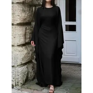 Women's Solid Color Loose-Fitting Batwing-Sleeve Long Dress, Casual Wear, Womenswear, Minimalist Chic Summer Woven Fabric Dress, Perfect for Relaxed Outings