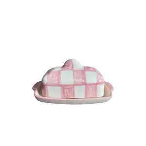 Vaisselle Buttercup Butter Dish in White & Pink Checkerboard