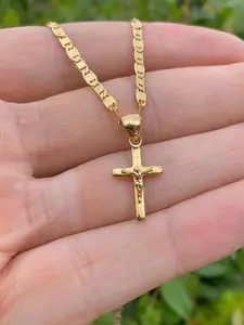 Small Flat Cross Necklace Crucifix Charm Pendant Yellow Gold Plated Chain for Kids Womens Girls Boys