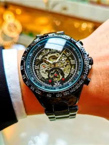 Men's Luxury Automatic Mechanical Style Skeleton Watches, Glowing Hands, Stainless Steel Strap, Round Analog Dial, Elegant Business Casual Style, Business Fashion Watch