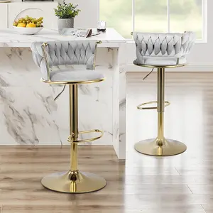 Set of 2 Light Gray Adjustable Bar Stools – 360° Swivel Counter Chairs with Velvet Upholstery, Low Back & Footrest, Sturdy Gold Metal Base